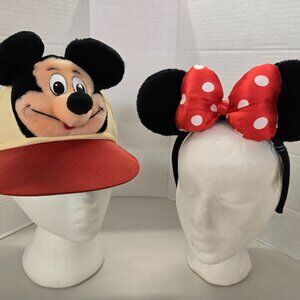 Fun Disney Headgear Vintage Visor Hat & Minnie Mouse ears with bow Headband